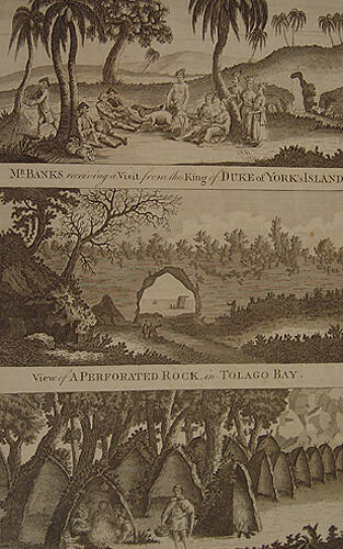 Mr. Banks Reviewing a Visit from the King of Duke of York's Island, View of a Perforated Rock, in Tolaga Bay and View of a Town in the Island of Terra del Fuego